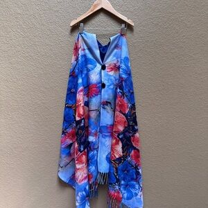 Floral Blue and Pink Shawl Scarf Cape with buttons